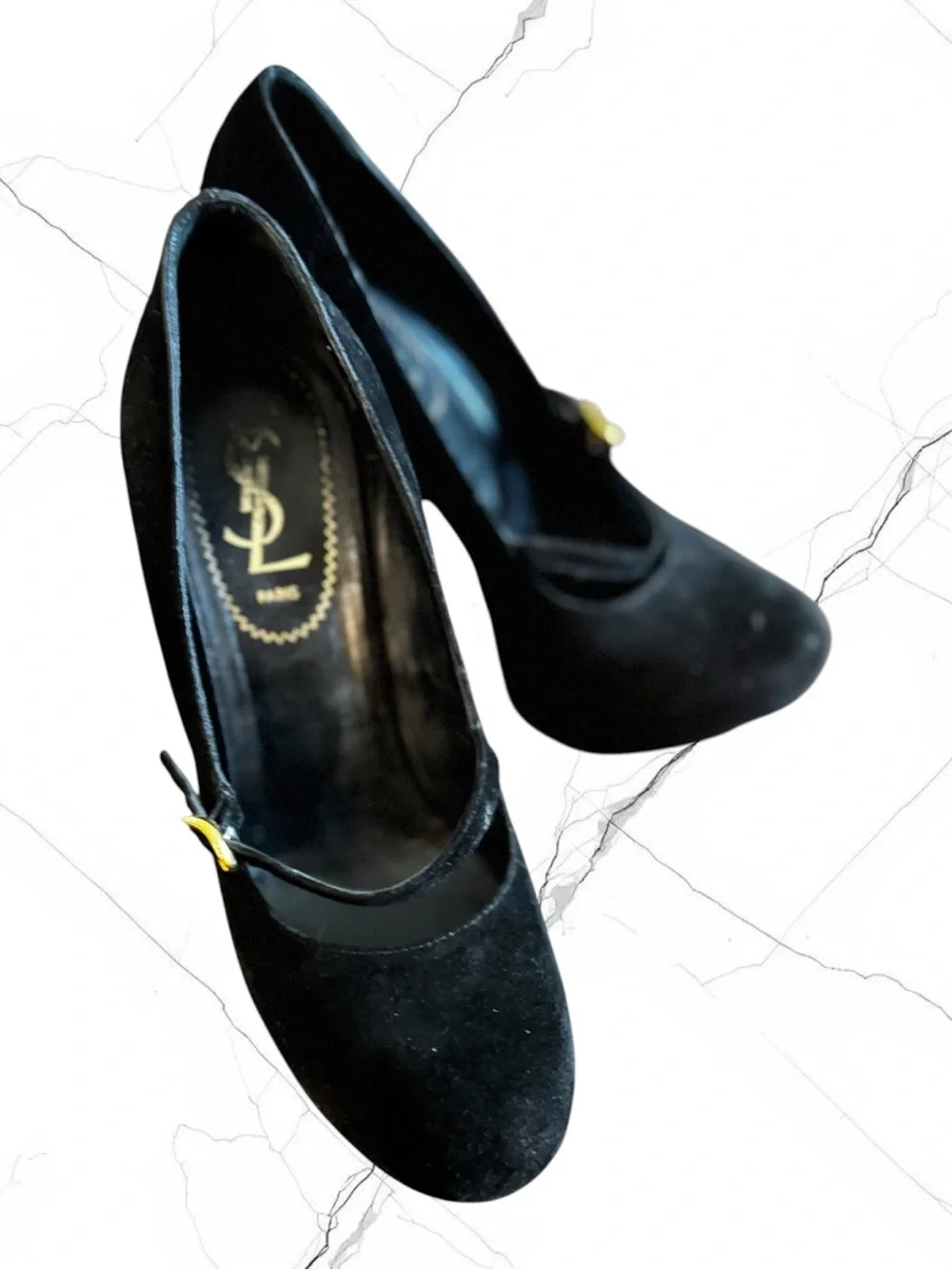 YVES SAINT LAURENT  Black Suede Mary Jane Platform Pumps EU 37